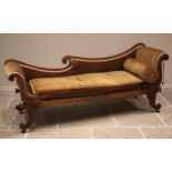 A Regency Empire simulated rosewood framed, twin scroll end sofa, the scrolled frame inset with
