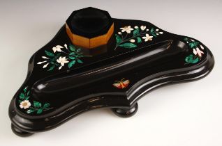 A Victorian Pietra Dura desk stand of large proportions, 19th century, of shaped triangular form