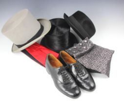 A collection of menswear and accessories, 20th century, to include: a black silk top hat by