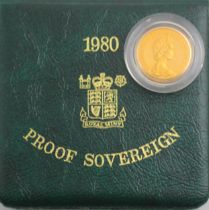 An Elizabeth II proof full sovereign, dated 1980, 8gms, within fitted case