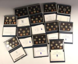 A collection of Royal Mint UK proof coin collections including 1985, 1988, 1989, 1990, 1991, 1992,
