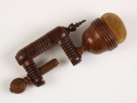 A Victorian treen sewing clamp, late 19th century/early 20th century, with pin cushion top, 13cm