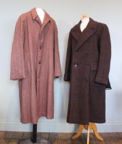 A late 1940s brown checked wool double breasted man’s overcoat, with belt, CC41 label under right