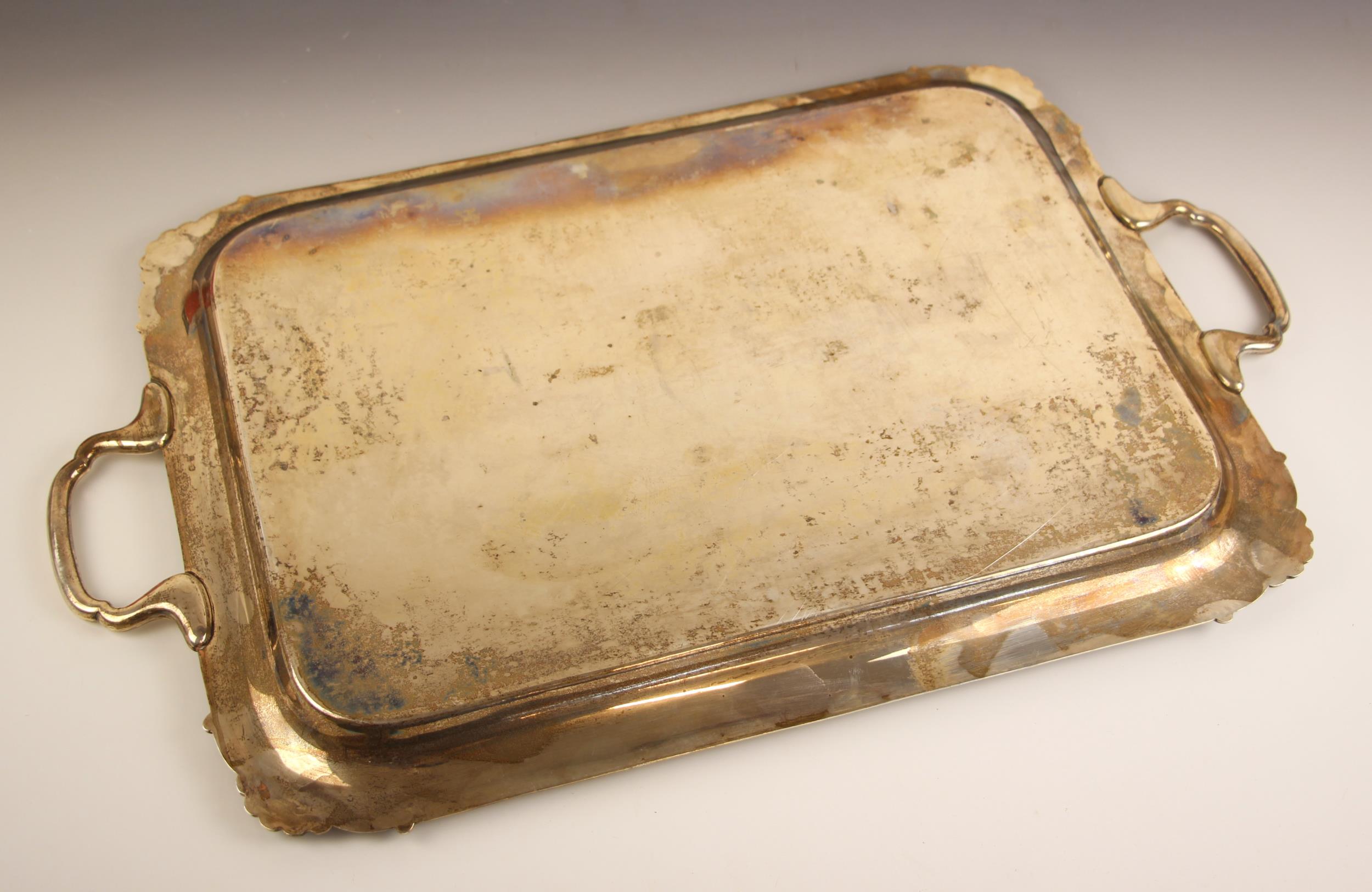 A George V silver tray, L Harrison, Sheffield 1931, the shaped twin handled tray with shell shaped - Image 3 of 3