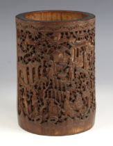 A Chinese carved bamboo brush pot (bitong), 19th century, Canton, of typical hollow cylindrical form