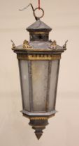 A hanging ceiling lantern, possibly Italian, early 20th century, highlighted with gilt detail, of