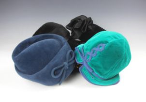 A 1970s black velvet hat with organza bow to rear, labelled 'Connor', a blue felt turbon style