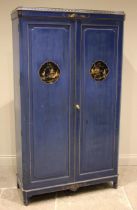 A blue chinoiserie wardrobe/linen press, early 20th century, the flat top cornice with canted