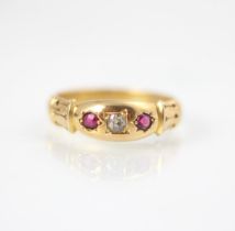 A Victorian diamond and untested ruby ring, the old cut diamond set with a round cut untested ruby