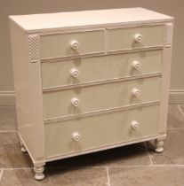 A late Victorian painted chest of drawers, the top with a reeded edge over an arrangement of two