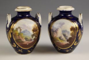 A pair of Bloor Derby vases, early 19th century, each of twin handled form, decorated with central