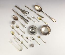 A selection of silver, including a 19th century silver marrow scoop, a pair of Victorian silver