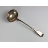 A George IV silver fiddle pattern soup ladle, possibly Robert Peppin, London 1822, of plain polished