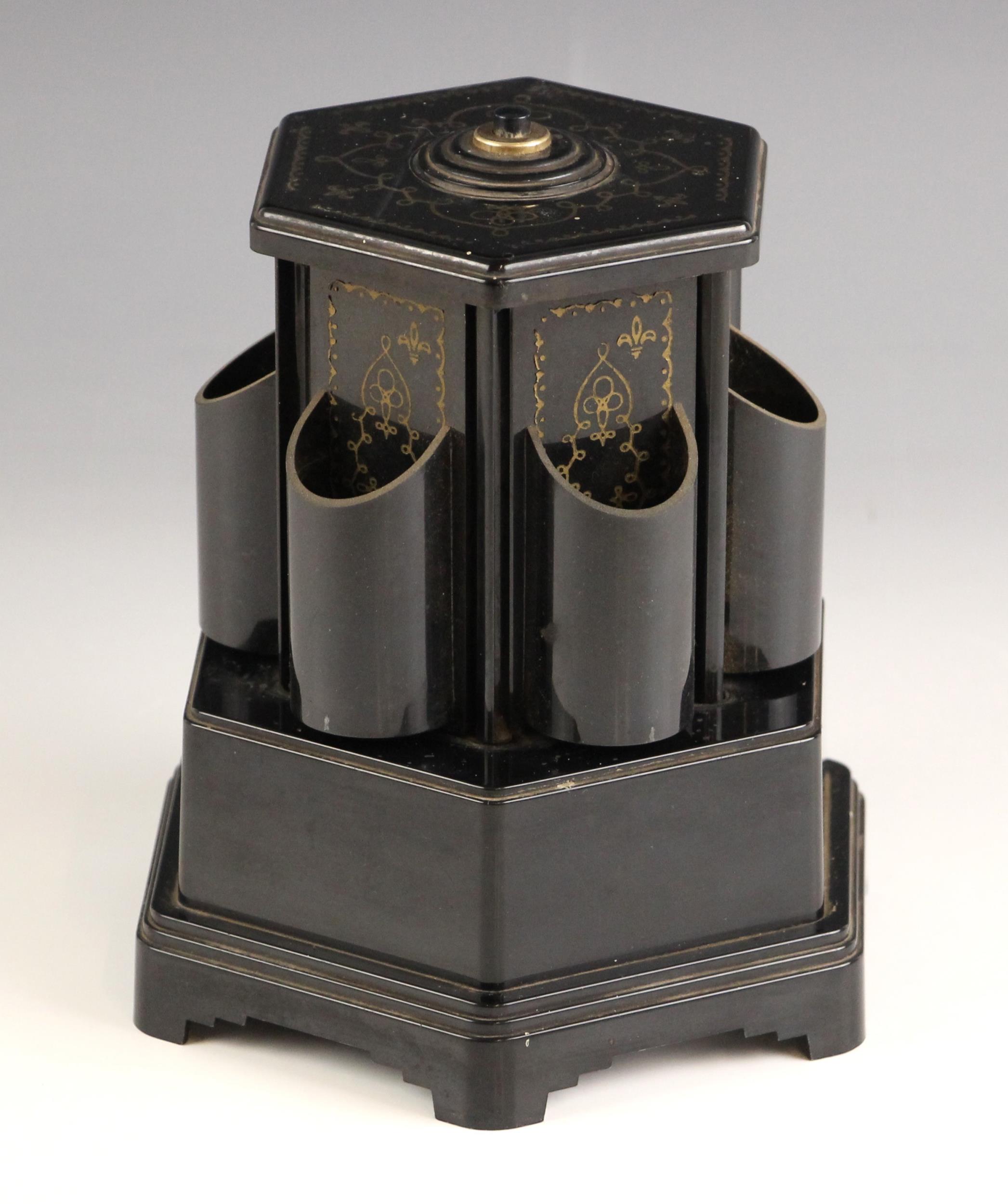 A Swiss novelty clockwork musical cigarette box by Reuge, 20th century, of hexagonal form on stepped - Image 2 of 3