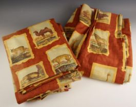 A pair of interlined curtains, each with reserves of animals, to a rust orange ground, 170cm H x