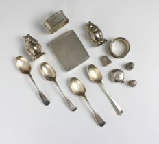 A selection of silver and white metal items, including a George V silver card case, Colen Hewer