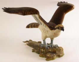 A carved and painted wooden eagle of large proportions, modelled with wings outstretched clasping