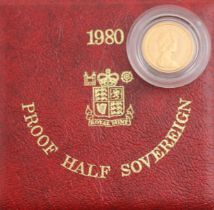 An Elizabeth II proof half sovereign, dated 1980, 4gms, within fitted case