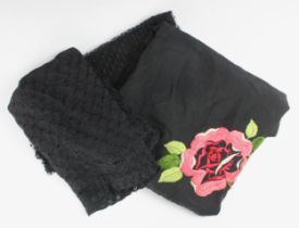 A 1920s double sided piano shawl, black silk with double embroidery of stylised roses in pinks and