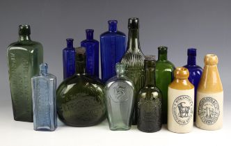 A selection of glass advertising bottles, 19th century and later, to include green glass examples