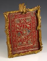 A metal thread and sequin embroidery panel, 19th century, the floral and foliate design on red