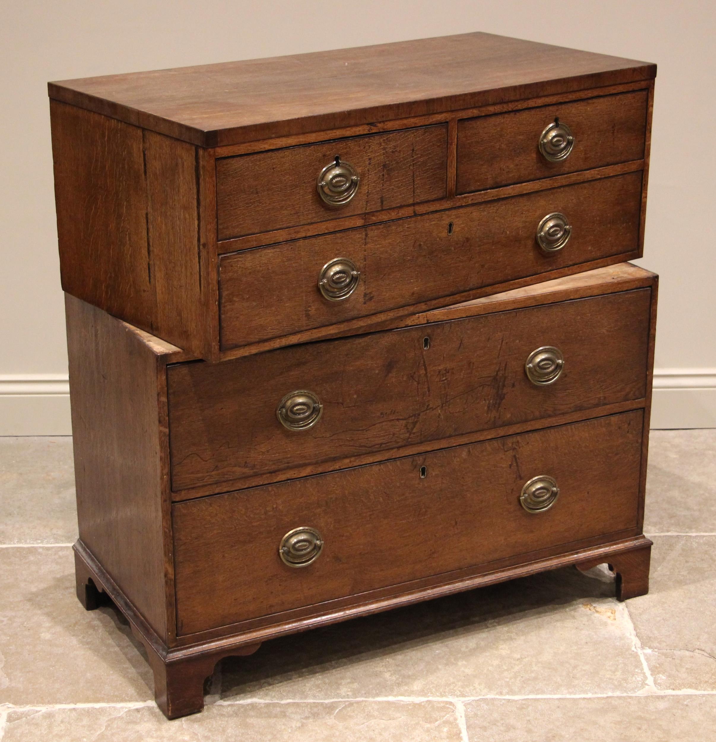 A late George III oak twin section chest of drawers, formed with two short over three long graduated - Image 2 of 2