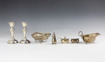 A selection of silver, including a George V silver bonbon dish, Walker and Hall, Sheffield 1921,