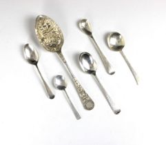 An Edwardian silver picture back dessert spoon, George Unite, Birmingham 1907, with foliate engraved