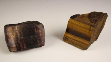 A rough piece of Blue John mineral, 7cm high, along with a rough piece of Tiger's eye mineral, 5.5cm