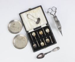 A selection of silver and silver plated items, including a pair of Britannia silver trinket
