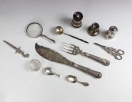 A selection of silver and silver plated items, including a silver mounted dwarf candlestick, A T
