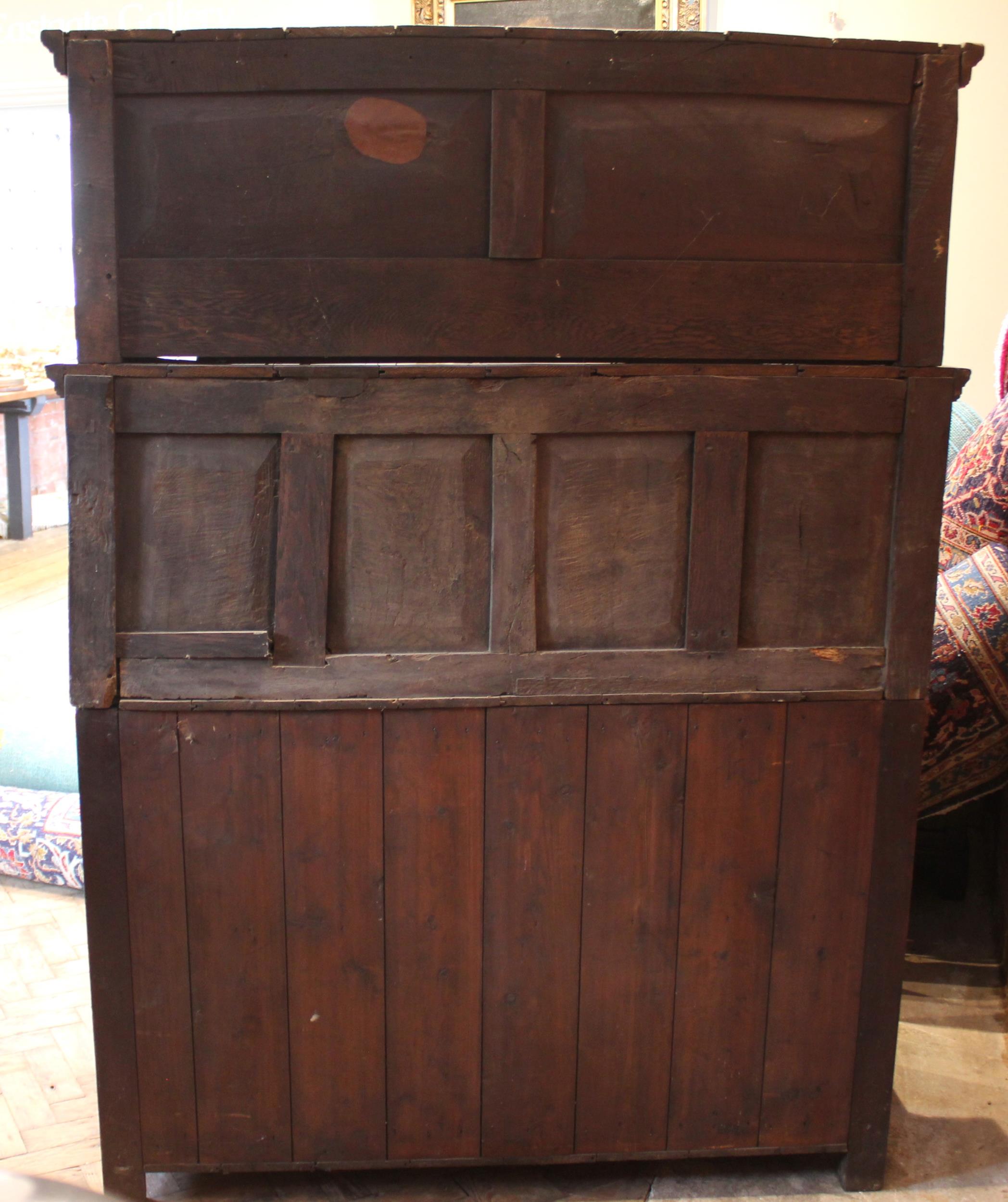 A Welsh joined oak cwpwrdd tridarn, early 18th century, the upper tier with a panel back and - Image 2 of 2