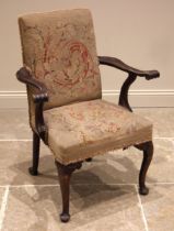 George II style mahogany open armchair, 19th century, the needlepoint back rest and seat enclosed by