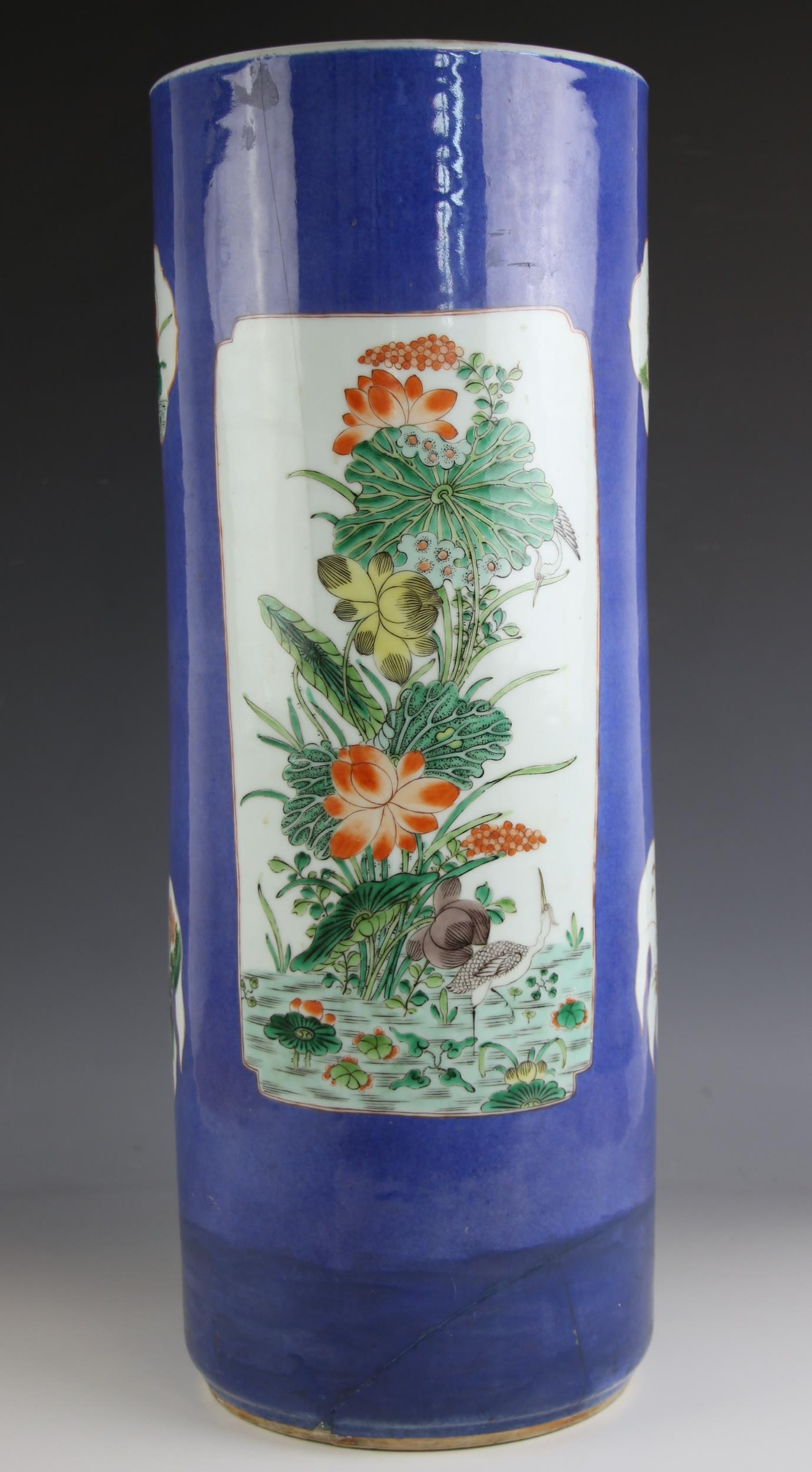 A large Chinese porcelain famille verte powder blue ground stick stand, 19th century, of large