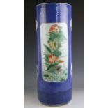 A large Chinese porcelain famille verte powder blue ground stick stand, 19th century, of large