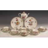 A Dresden porcelain part tea service, late 19th century, comprising: a milk jug, a sugar bowl, a hot