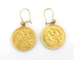 A pair of Edward VII half sovereign set earrings, dated 1910 and 1909, with associated mounted