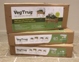 Three boxed wooden Veg Trugs, each 1.2 m Classic with greenhouse frame and cover, each 134cm H x