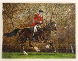 Janet Anne Carden (British contemporary), Mounted huntsman, Oil on canvas, Signed lower left, 30.5cm