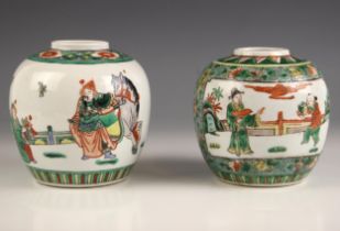 A Chinese porcelain famille vert ginger jar, 19th century, of ovoid form and decorated with two