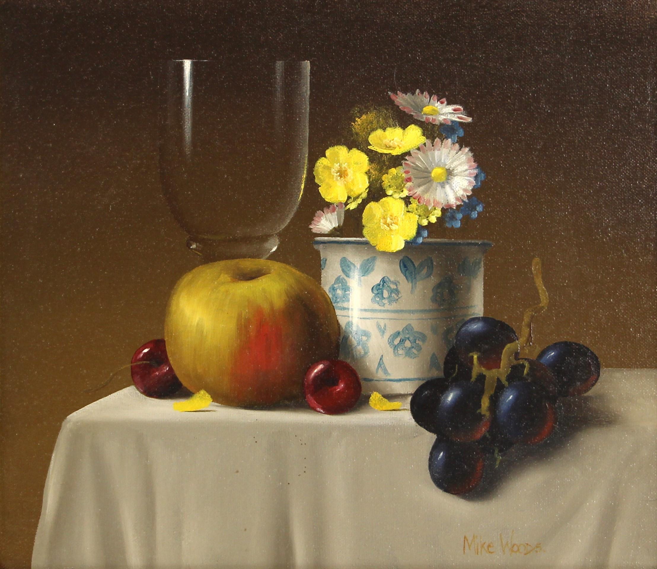 Mike Woods (British, b.1967), Still life with glass, fruit and flowers, Oil on canvas, Signed - Image 2 of 3