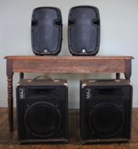 A pair of Skytec SPJ 1000A active 10" speakers, with a pair of MAJ vintage speaker cabinets,