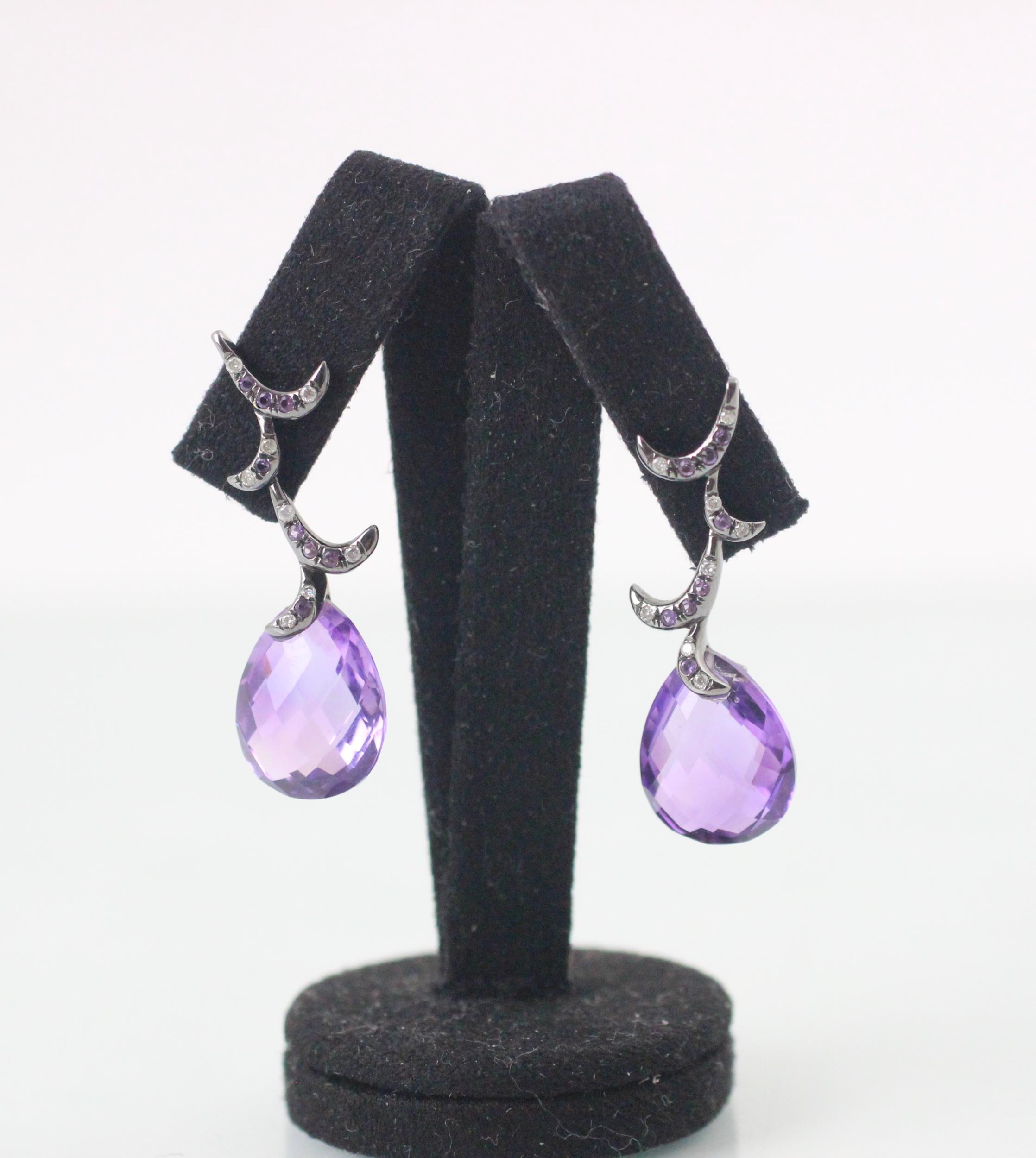 A pair of Edwardian style untested briolette cut amethyst earrings, the stylised foliate studs set - Image 2 of 3