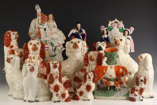 A selection of Staffordshire pottery, predominantly 19th century, to include a flat back figure of a