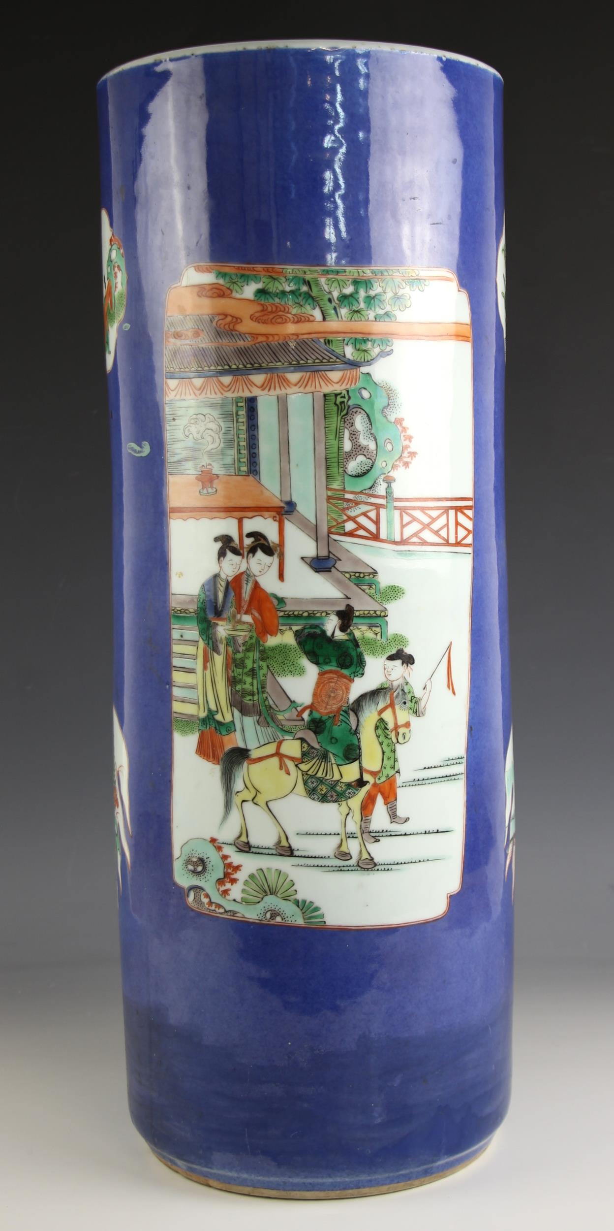 A large Chinese porcelain famille verte powder blue ground stick stand, 19th century, of large - Image 2 of 7