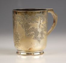 A Victorian silver christening mug, Walker and Hall, Sheffield 1893, of cylindrical form with