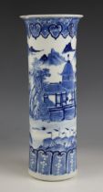 A Chinese porcelain blue and white sleeve vase, 19th century, of tall cylindrical form with flared