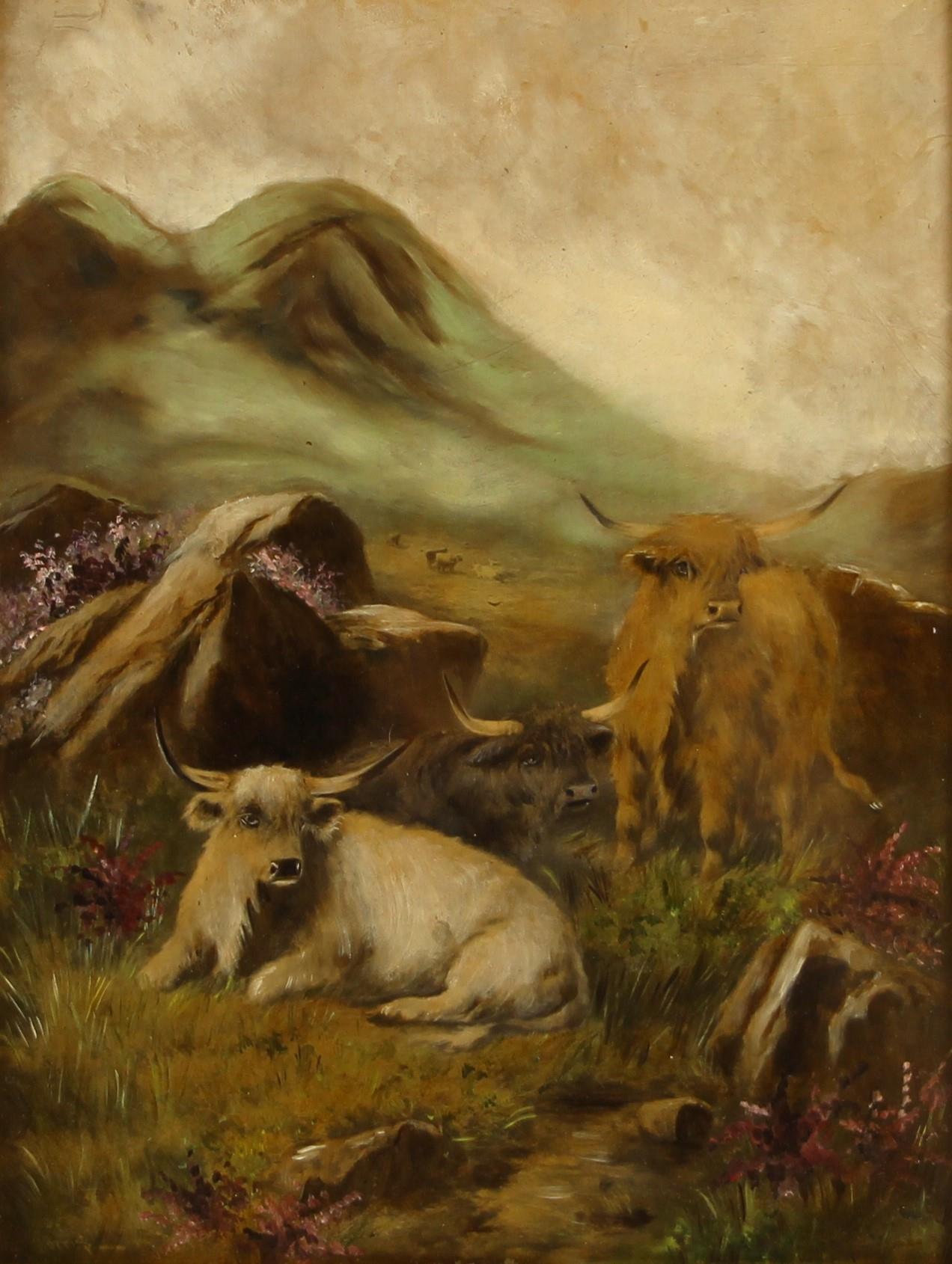 Circle of John W Morris (Scottish, 1865-1924), Highland cattle in a mountainous landscape, Oil on - Image 2 of 3