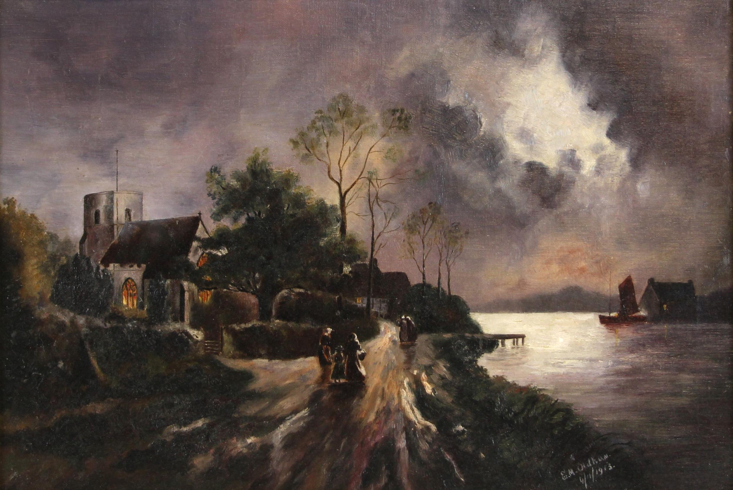 English school (early 20th century), A riverside Church with figures at twilight, Oil on canvas, - Image 2 of 3