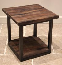 A contemporary Timothy Oulton 'Axel' lamp or side table, of cubic form, the plank top upon an iron